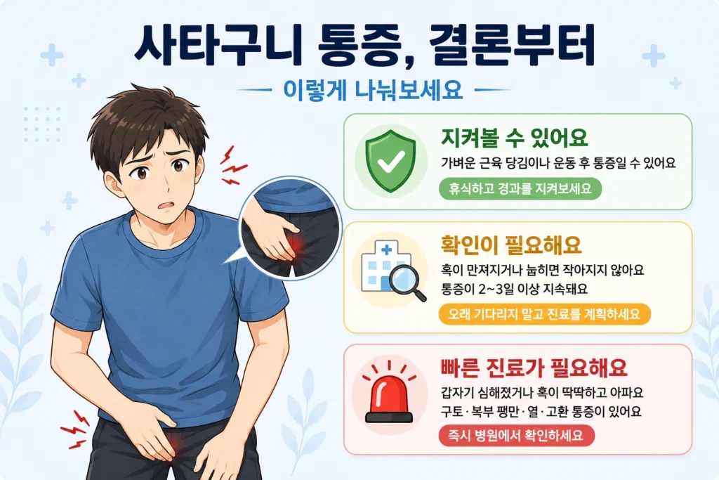 사타구니 통증이 있을 때 운동 뒤 가벼운 근육 통증으로 지켜볼 수 있는 경우, 사타구니 혹이 만져지거나 통증이 지속돼 확인이 필요한 경우, 갑자기 심한 통증·구토·복부 팽만·고환 통증이 함께해 빠른 진료가 필요한 경우를 일본 애니풍 남성 대표캐릭터와 초록·노랑·빨강 카드로 구분한 결론부터 이미지