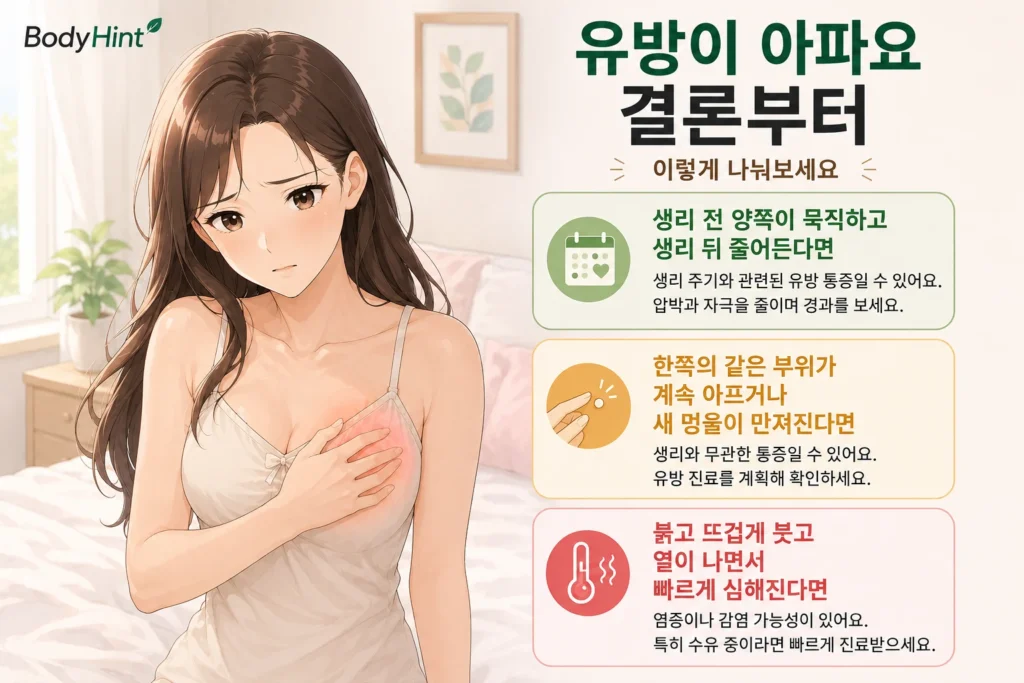 생리 전 양쪽 유방 통증, 한쪽의 지속 통증과 새 멍울, 붉어짐·열감·발열 여부에 따라 지켜볼 상황과 진료가 필요한 상황을 일본풍 애니 여성 대표캐릭터와 초록·노랑·빨강 카드로 정리한 이미지