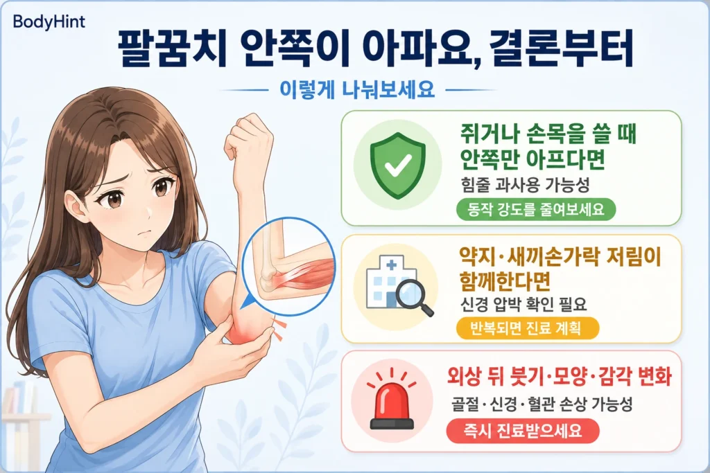 팔꿈치 안쪽 통증이 있을 때 힘줄 과사용 가능성, 약지·새끼손가락 저림을 동반한 신경 압박 가능성, 외상 뒤 붓기·모양·감각 변화가 있을 때의 빠른 진료 기준을 일본풍 애니 여성 대표캐릭터와 초록·노랑·빨강 카드로 정리한 이미지