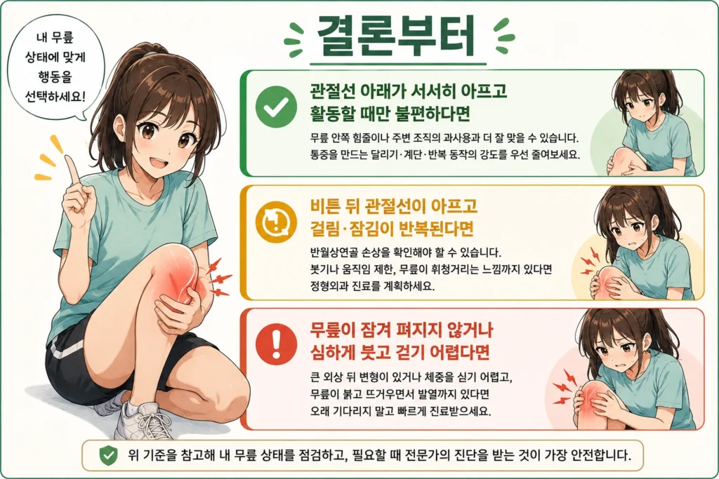 무릎 안쪽 통증이 있을 때 관절선 아래 과사용 통증, 비튼 뒤 반월상연골 손상 가능성, 무릎 잠김·심한 붓기·보행 곤란처럼 빠른 진료가 필요한 상황을 일본풍 애니 여성 대표캐릭터와 초록·노랑·빨강 카드로 정리한 이미지