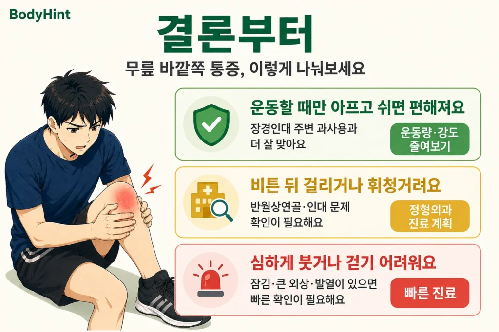 무릎 바깥쪽 통증이 있을 때 운동할 때만 아프고 쉬면 편해지는 장경인대 과사용, 비틀림 뒤 걸림·휘청거림이 있는 반월상연골·인대 문제, 심한 붓기·보행 곤란·발열처럼 빠른 진료가 필요한 상황을 일본풍 애니 남성 대표캐릭터와 초록·노랑·빨강 카드로 정리한 이미지