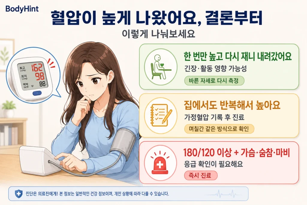 혈압이 높게 나왔을 때 한 번만 높고 다시 재니 내려가는 경우, 집에서도 반복해서 높은 경우, 180/120 이상이면서 가슴 통증·숨참·마비 같은 응급 증상이 있는 경우를 일본풍 애니 여성 대표캐릭터와 초록·노랑·빨강 카드로 정리한 이미지
