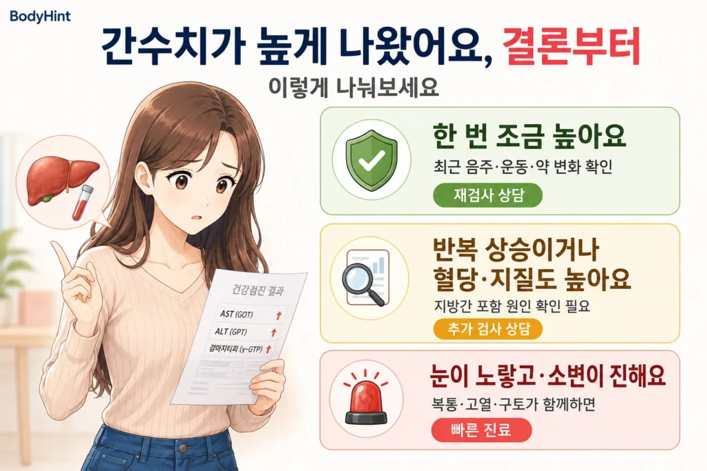 간수치가 높게 나왔을 때 한 번 조금 높은 경우에는 최근 음주·운동·약 변화를 확인하고, 반복 상승하거나 혈당·지질 수치도 높은 경우에는 지방간 등 원인을 추가로 확인하며, 황달·진한 소변·복통·고열·구토가 함께하면 빠른 진료가 필요하다는 내용을 일본풍 애니 여성 대표캐릭터와 초록·노랑·빨강 카드로 정리한 이미지