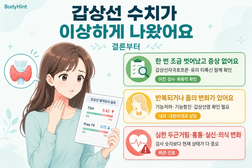 갑상선 수치가 이상하게 나왔을 때 한 번 조금 벗어나고 증상이 없는 경우, 수치 이상이 반복되거나 몸의 변화가 있는 경우, 심한 두근거림·흉통·실신·의식 변화가 있는 경우의 대응을 일본풍 애니 여성 대표캐릭터와 초록·노랑·빨강 카드로 정리한 이미지