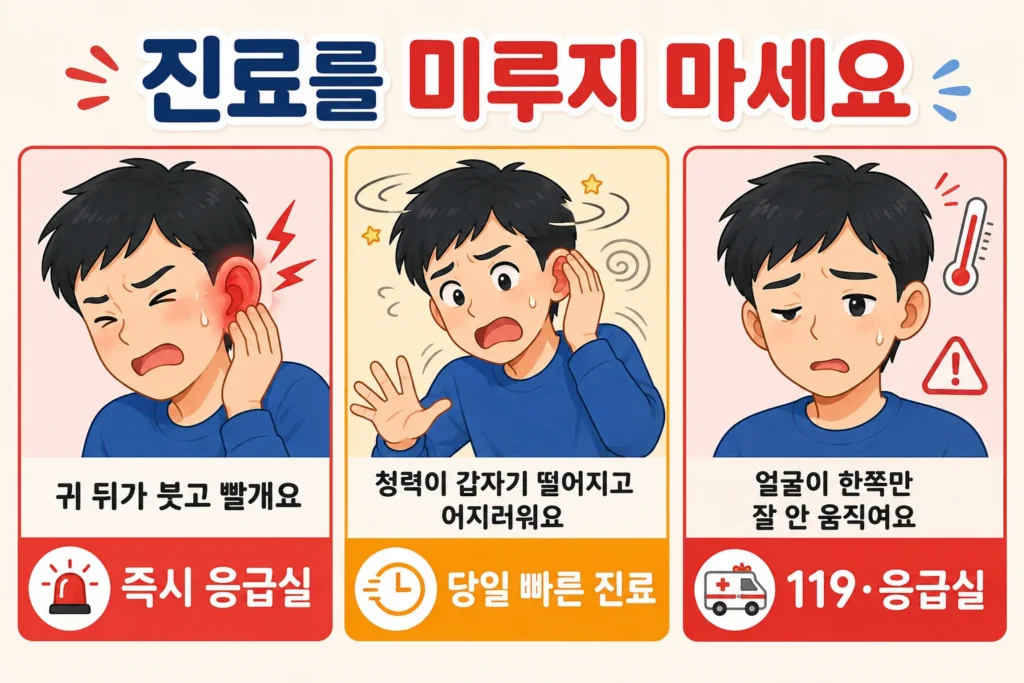 귀 뒤가 붉고 심하게 붓거나 청력이 갑자기 떨어지면서 심한 어지럼이 생기고 얼굴 한쪽이 잘 움직이지 않을 때 즉시 진료가 필요함을 대표 남성 캐릭터로 보여주는 3컷 이미지