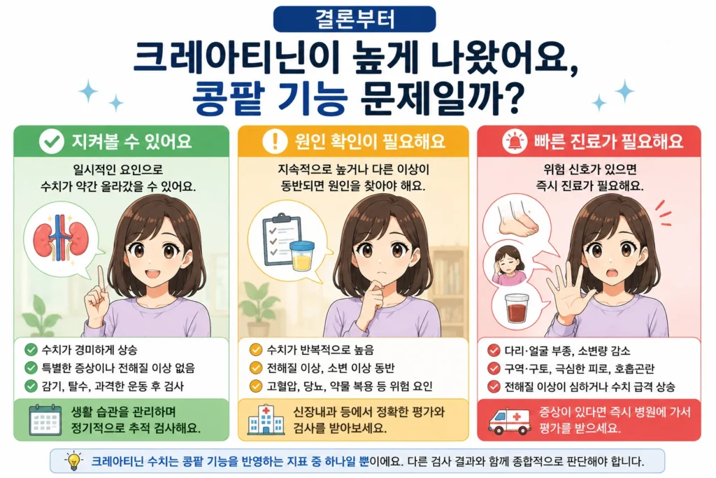 크레아티닌이 높게 나왔을 때 지켜볼 수 있는 경우와 원인 확인이 필요한 경우, 빠른 진료가 필요한 신호를 정리한 결론부터 이미지