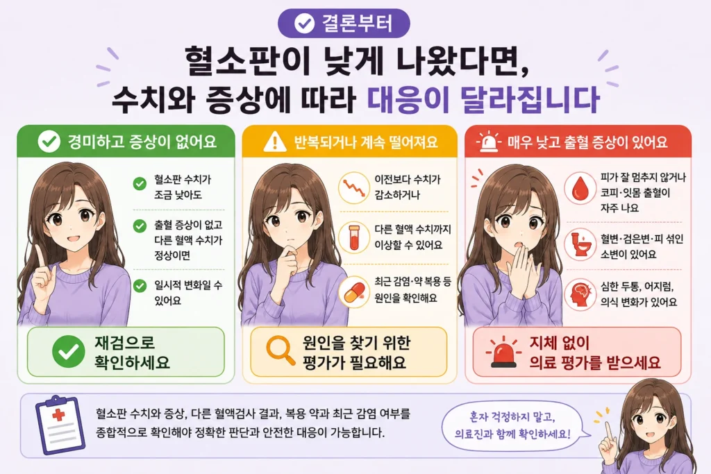 혈소판이 조금 낮고 증상이 없는 경우, 반복해서 낮아지는 경우, 매우 낮으면서 출혈 증상이 있는 경우로 나눠 재검·원인 평가·빠른 의료 평가 기준을 보여주는 결론부터 이미지