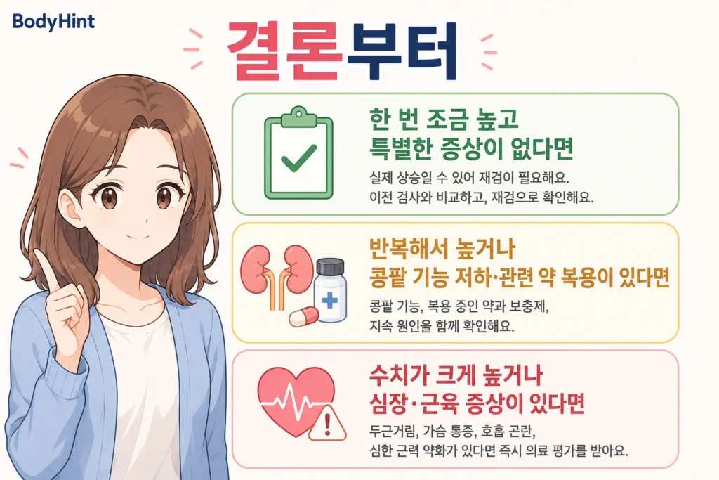 칼륨의 실제 수치, 재검 필요 여부, 두근거림·흉통, 콩팥 기능, 복용약·소금 대체제를 확인하는 여성 인포그래픽