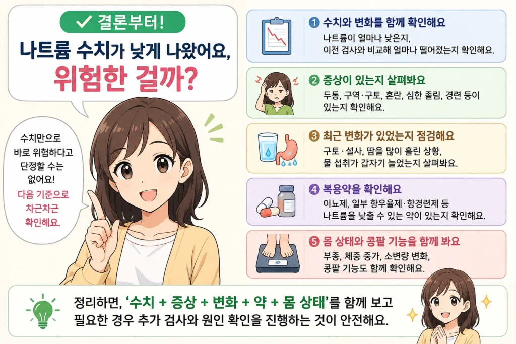 나트륨 수치가 얼마나 낮은지, 두통·구역·혼란 같은 증상이 있는지, 최근 구토·설사와 수분 섭취 변화, 복용약, 몸 상태와 콩팥 기능을 함께 확인해야 한다는 결론부터 이미지