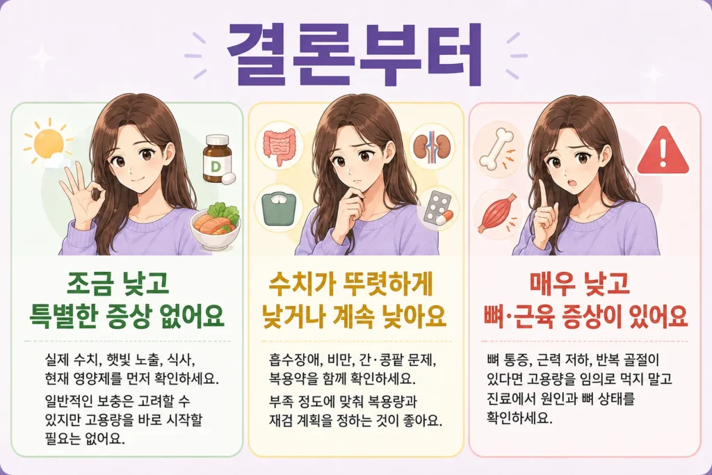 비타민 D 수치가 조금 낮고 증상이 없는 경우, 수치가 뚜렷하게 낮거나 계속 낮은 경우, 매우 낮으면서 뼈·근육 증상이 있는 경우로 나눠 보충과 원인 평가 기준을 보여주는 결론부터 이미지