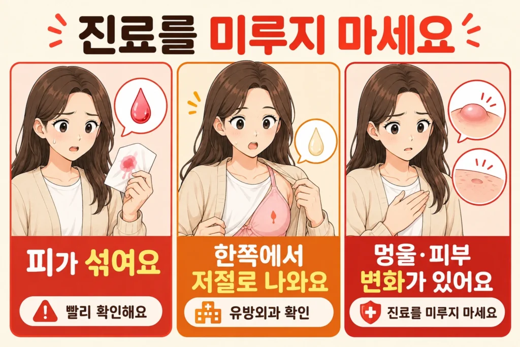 피가 섞인 유두 분비물, 한쪽에서 저절로 나오는 분비물, 멍울이나 피부 변화가 있을 때 진료를 미루지 말아야 하는 상황을 대표 여성 캐릭터로 설명한 이미지