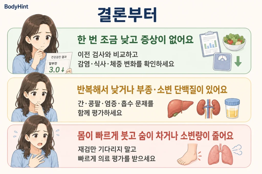 알부민이 한 번 조금 낮고 증상이 없는 경우, 반복해서 낮거나 부종·소변 단백질이 있는 경우, 몸이 빠르게 붓고 숨이 차거나 소변량이 줄어드는 경우로 나눠 재확인·원인 평가·빠른 진료 기준을 보여주는 결론부터 이미지