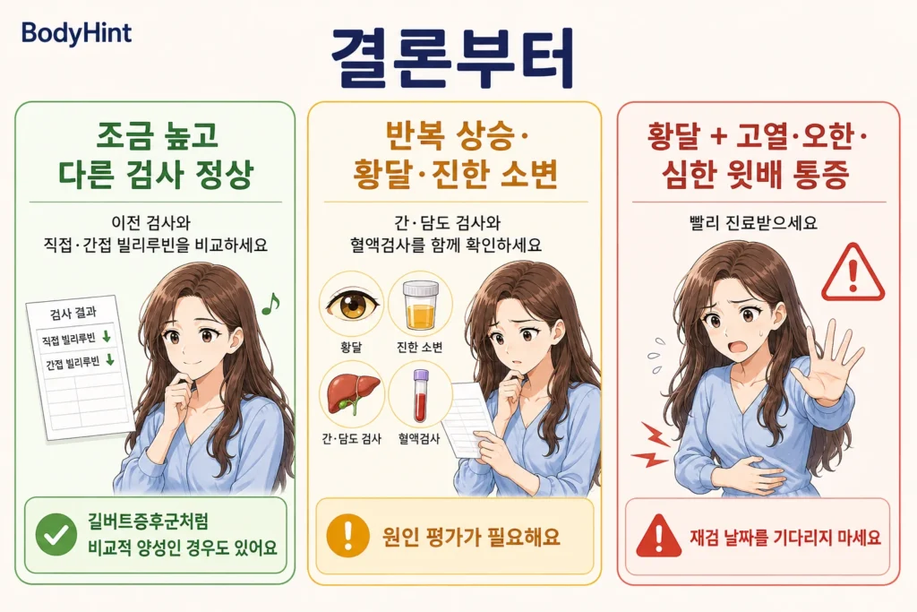 빌리루빈 수치가 조금 높고 다른 검사가 정상인 경우, 반복 상승하거나 황달·진한 소변이 있는 경우, 황달과 고열·오한·심한 윗배 통증이 함께 있는 경우로 나눠 재확인·원인 평가·빠른 진료 기준을 보여주는 결론부터 이미지