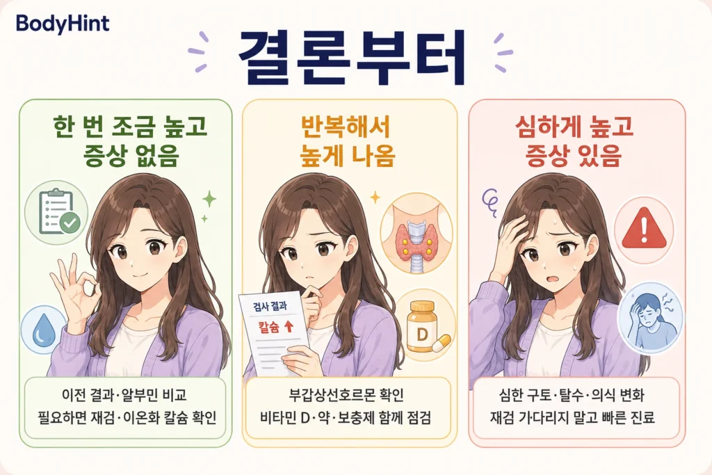 칼슘 수치가 한 번 조금 높고 증상이 없는 경우, 반복해서 높게 나오는 경우, 심하게 높으면서 구토·탈수·의식 변화가 있는 경우로 나눠 재확인·원인 평가·빠른 진료 기준을 보여주는 결론부터 이미지