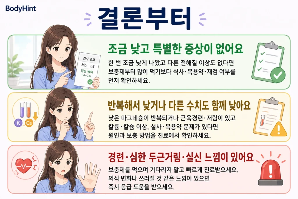 마그네슘 수치가 조금 낮은 경우, 반복되거나 다른 수치도 함께 낮은 경우, 경련·심한 두근거림·실신 느낌이 있는 경우를 초록·노랑·빨강 카드로 정리한 이미지