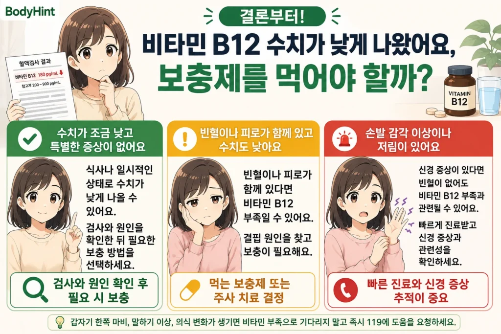 비타민 B12 수치가 낮게 나왔을 때 증상이 없는 경우, 빈혈이나 피로가 함께 있는 경우, 손발 저림·감각 이상이 있는 경우의 대처 기준을 초록·노랑·빨강 카드로 정리한 이미지