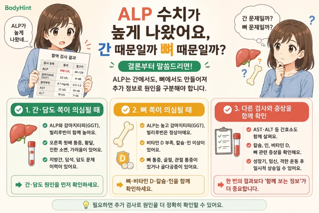 ALP 수치가 높게 나왔을 때 간·담도 원인, 뼈 원인, 다른 검사와 증상 확인 기준을 파란 니트 여성 캐릭터와 함께 정리한 이미지