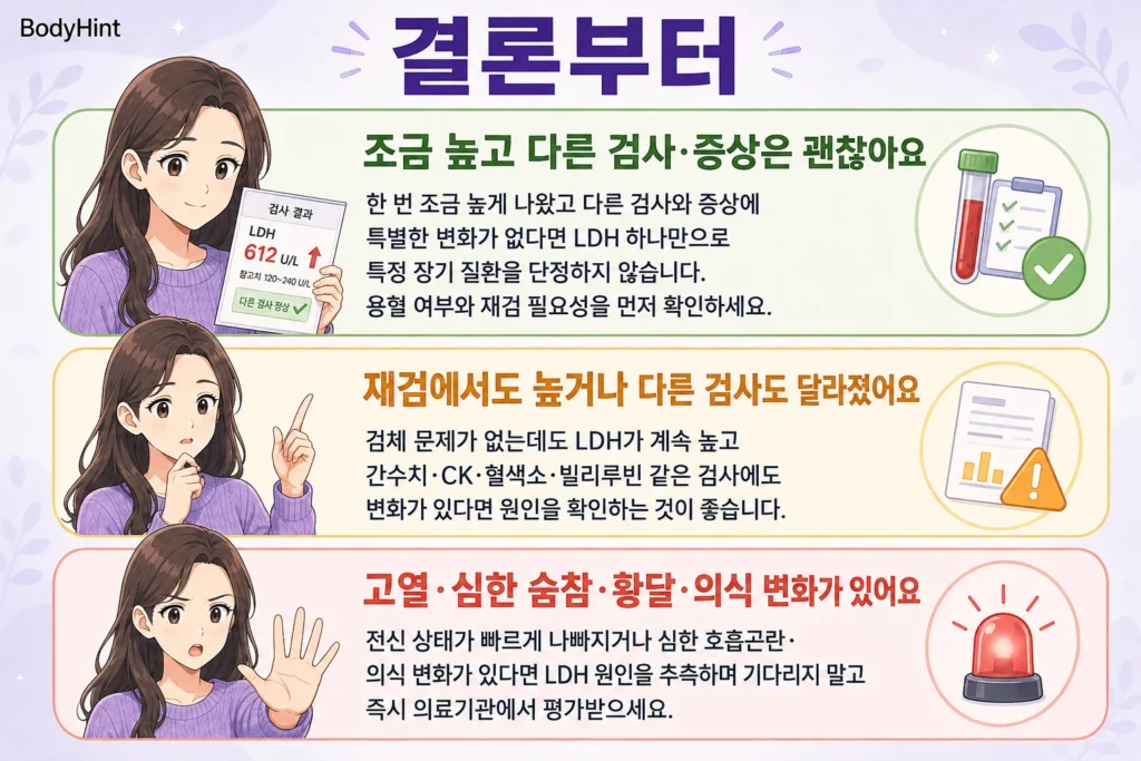 LDH 수치가 조금 높고 다른 검사·증상은 괜찮은 경우, 재검에서도 높거나 다른 검사도 달라진 경우, 고열·심한 숨참·황달·의식 변화가 있는 경우를 초록·노랑·빨강 카드로 정리한 이미지
