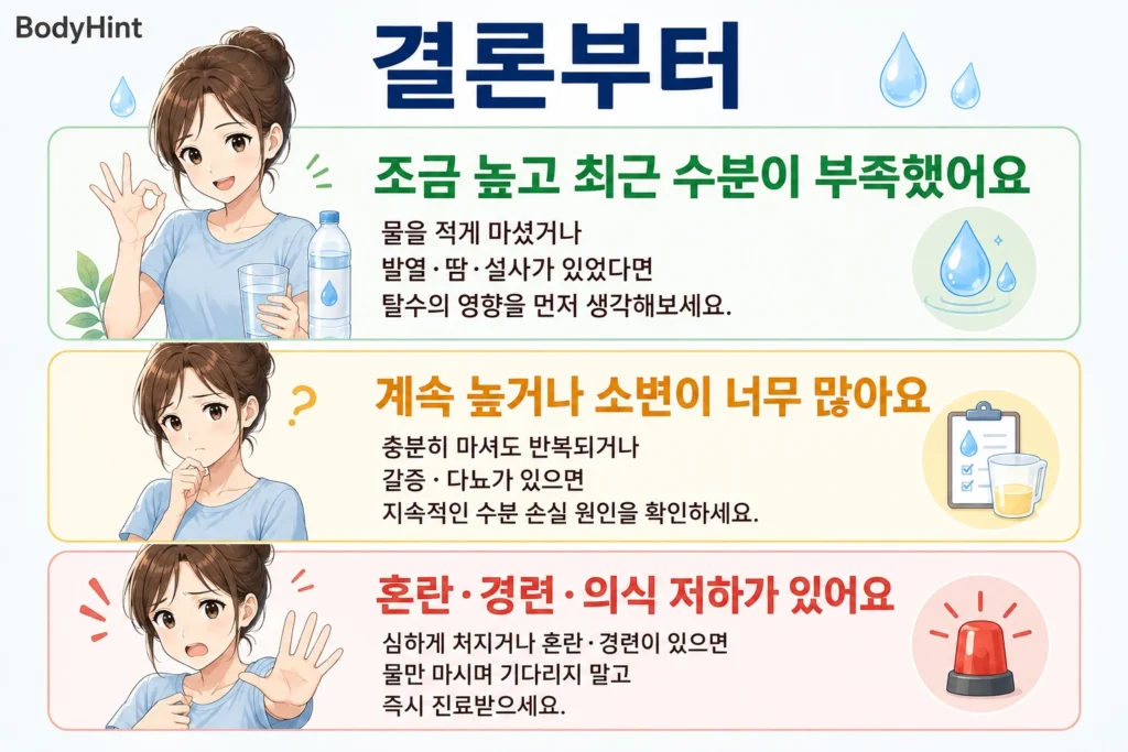 나트륨 수치가 조금 높고 최근 수분이 부족한 경우, 충분히 마셔도 계속 높거나 소변이 매우 많은 경우, 혼란·경련·의식 저하가 있는 경우를 초록·노랑·빨강 카드로 정리한 이미지