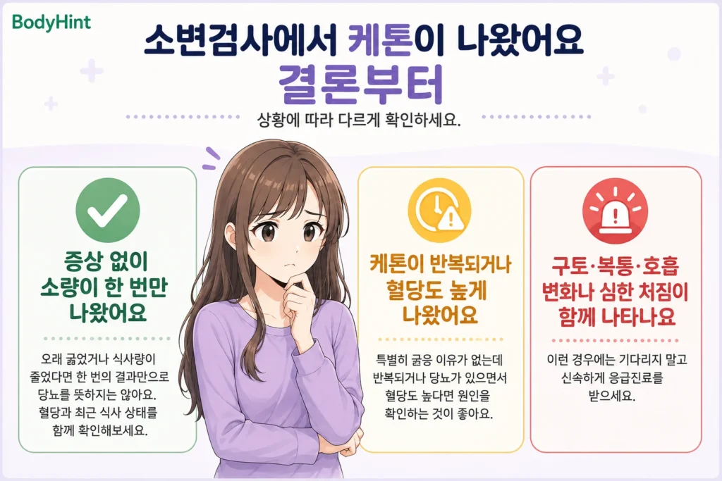 소변검사에서 케톤이 나왔을 때 증상 없이 소량이 한 번 나온 경우, 케톤이 반복되거나 혈당도 높은 경우, 구토·복통·호흡 변화나 심한 처짐이 함께 나타나는 경우를 구분한 결론부터 안내 이미지