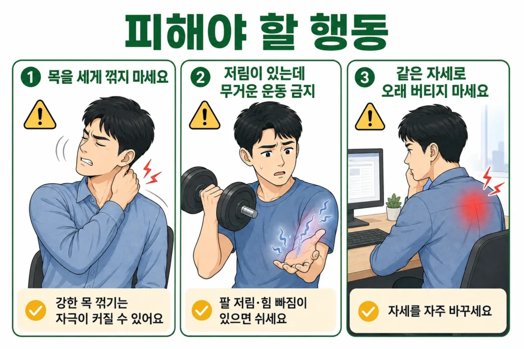 날개뼈 안쪽 통증과 팔 저림이 있을 때 목을 세게 꺾기, 무거운 상체 운동을 계속하기, 같은 자세로 오래 버티는 행동을 피하도록 대표 남성 캐릭터로 설명한 3컷 이미지