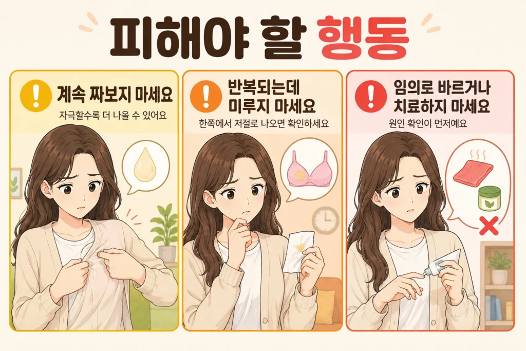 유두 분비물이 있을 때 계속 짜보거나, 한쪽에서 저절로 반복되는 증상을 미루거나, 임의로 약이나 찜질을 사용하는 행동을 피하라고 설명하는 대표 여성 캐릭터 이미지