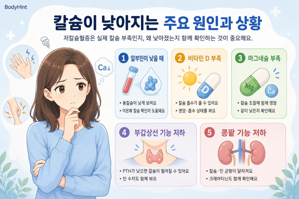 칼슘 수치가 낮아지는 주요 원인인 낮은 알부민, 비타민 D 부족, 마그네슘 부족, 부갑상선 기능 저하, 콩팥 기능 저하를 대표캐릭터와 함께 정리한 안내 이미지