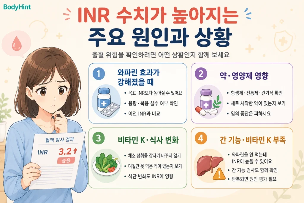 INR 수치가 높아지는 주요 원인인 와파린 효과 증가, 약·영양제 영향, 비타민 K와 식사 변화, 간 기능 저하와 비타민 K 부족을 대표캐릭터와 함께 정리한 안내 이미지