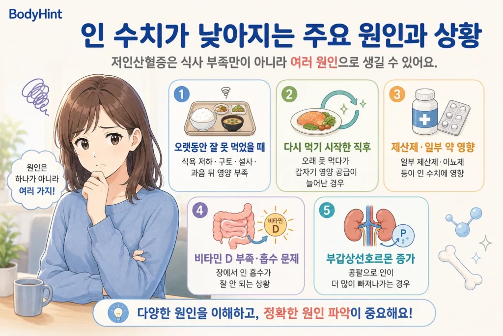 인 수치가 낮아지는 주요 원인인 장기간 영양 부족, 다시 먹기 시작한 직후의 변화, 제산제·일부 약 영향, 비타민 D 부족과 흡수 문제, 부갑상선호르몬 증가를 대표캐릭터와 함께 정리한 안내 이미지