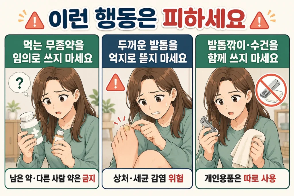 발톱무좀이 의심될 때 먹는 무좀약을 임의로 사용하지 않고, 두꺼운 발톱을 억지로 뜯지 않으며, 발톱깎이와 수건을 다른 사람과 함께 사용하지 말아야 한다고 안내하는 대표 여성 캐릭터 3컷 이미지