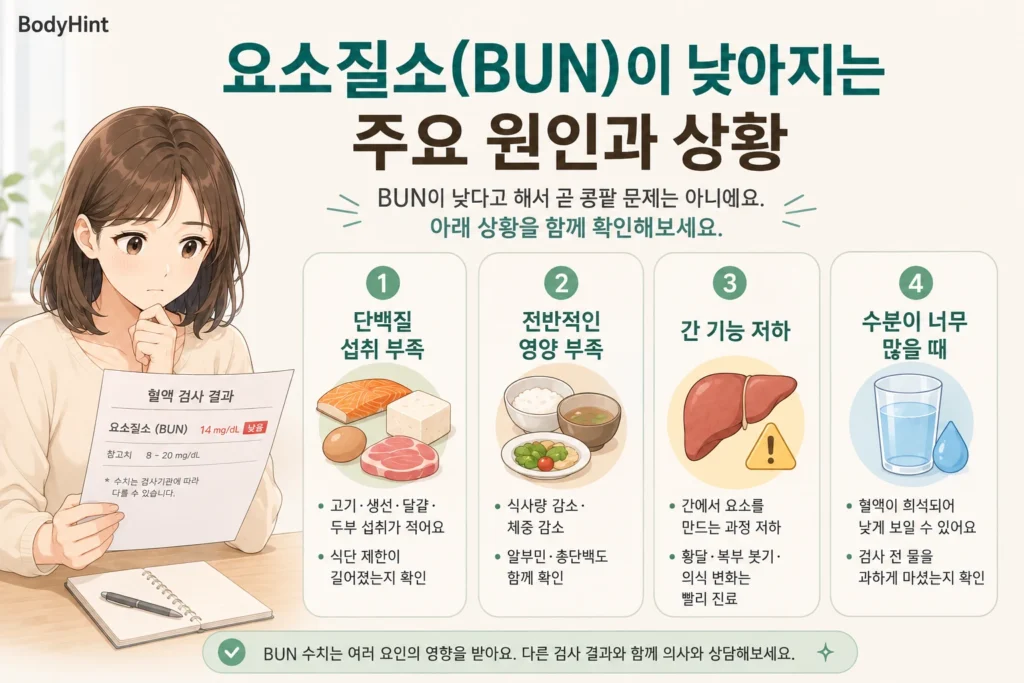 요소질소(BUN) 수치가 낮아지는 주요 원인인 단백질 섭취 부족, 전반적인 영양 부족, 간 기능 저하, 과도한 수분 상태를 대표캐릭터와 함께 정리한 안내 이미지