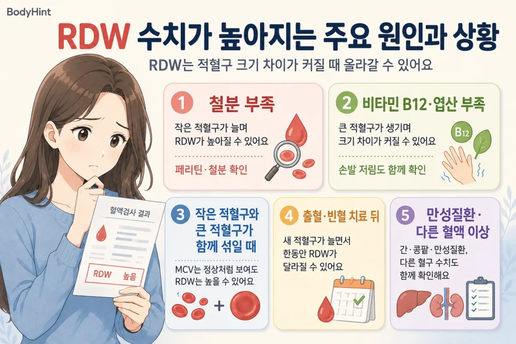 RDW 수치가 높아지는 주요 원인인 철분 부족, 비타민 B12·엽산 부족, 작은 적혈구와 큰 적혈구가 함께 섞인 경우, 출혈·빈혈 치료 뒤 변화, 만성질환과 다른 혈액 이상을 대표캐릭터와 함께 정리한 안내 이미지