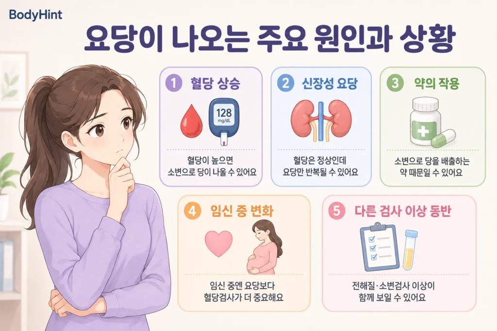 요당이 나오는 주요 원인과 상황인 혈당 상승, 신장성 요당, 약의 작용, 임신 중 변화, 다른 검사 이상 동반을 대표캐릭터와 함께 정리한 안내 이미지