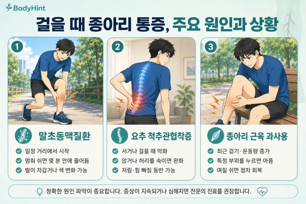 걸을 때 종아리 통증의 주요 원인인 말초동맥질환, 요추 척추관협착증, 종아리 근육 과사용을 일본애니풍 남성 대표캐릭터와 함께 비교한 BodyHint 인포그래픽