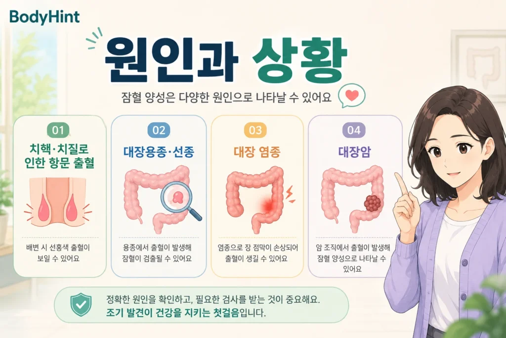 대변잠혈검사 양성의 주요 원인으로 치핵과 치질의 항문 출혈, 대장용종과 선종, 대장 염증, 대장암을 일본애니풍 여성 캐릭터와 함께 보여주는 BodyHint 인포그래픽
