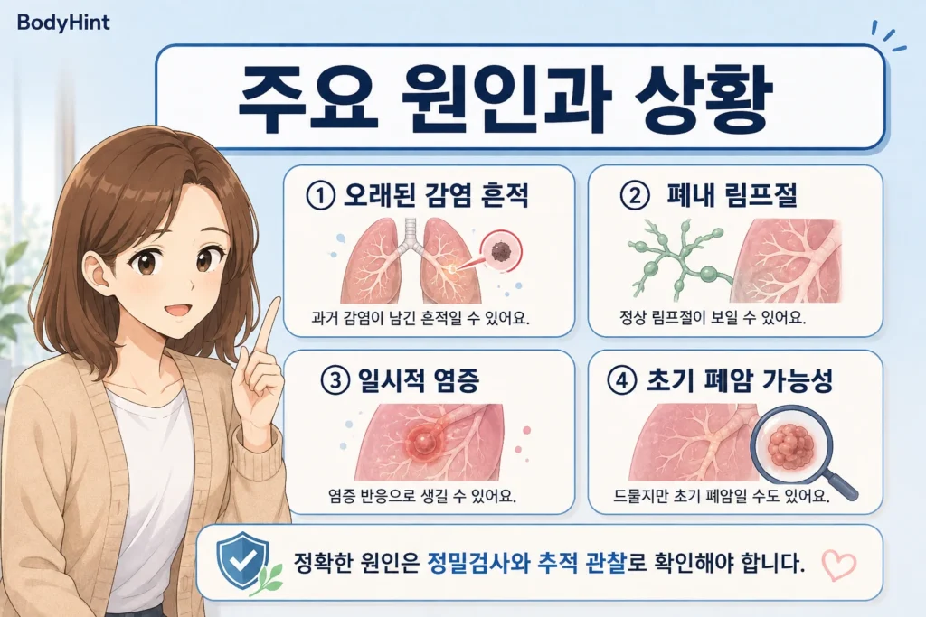 폐결절의 주요 원인으로 오래된 감염 흔적, 폐내 림프절, 일시적 염증, 초기 폐암 가능성을 설명하는 일본애니풍 BodyHint 인포그래픽