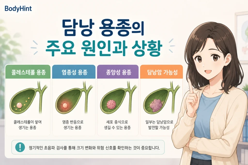 담낭 용종의 주요 원인과 상태로 콜레스테롤 용종, 염증성 용종, 종양성 용종, 담낭암 가능성을 일본애니풍 여성 캐릭터와 함께 설명한 BodyHint 인포그래픽