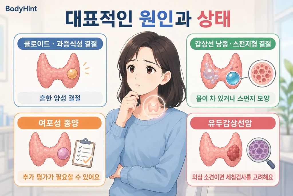 갑상선 결절의 대표적인 원인과 상태로 콜로이드와 과증식성 결절, 갑상선 낭종과 스펀지형 결절, 여포성 종양, 유두갑상선암을 설명한 BodyHint 인포그래픽