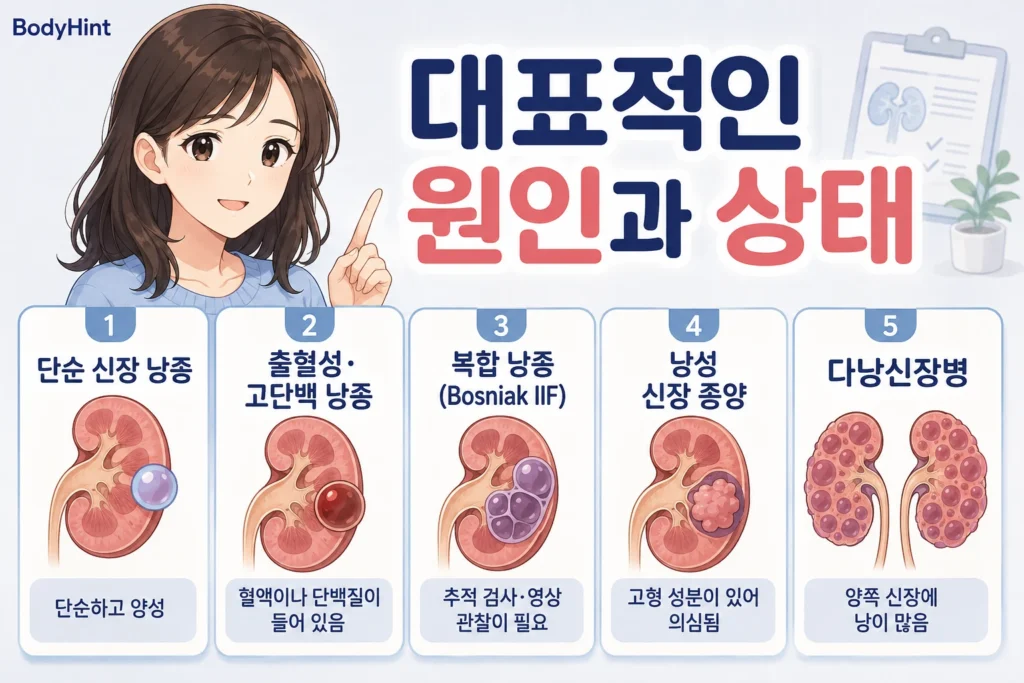 신장 낭종의 대표적인 원인과 상태로 단순 신장 낭종, 출혈성 고단백 낭종, Bosniak IIF 복합 낭종, 낭성 신장 종양, 다낭신장병을 설명한 BodyHint 인포그래픽