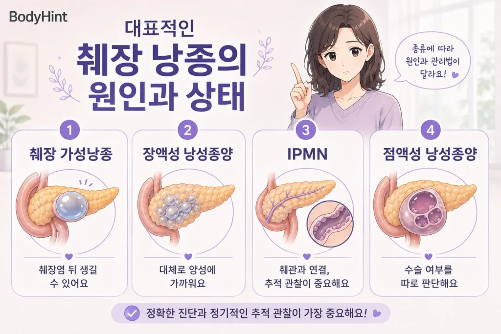 췌장 낭종의 대표적인 원인과 상태로 췌장 가성낭종, 장액성 낭성종양, IPMN, 점액성 낭성종양을 설명한 일본애니풍 BodyHint 인포그래픽