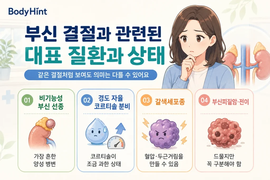부신 결절과 관련된 대표 상태로 비기능성 부신 선종, 경도 자율 코르티솔 분비, 갈색세포종, 부신피질암과 전이를 비교한 BodyHint 인포그래픽