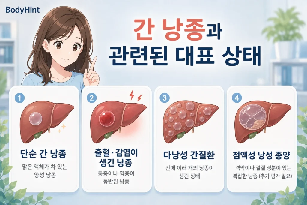 간 낭종과 관련된 대표 상태로 단순 간 낭종, 출혈이나 감염이 생긴 낭종, 다낭성 간질환, 점액성 낭성 종양을 비교한 BodyHint 인포그래픽
