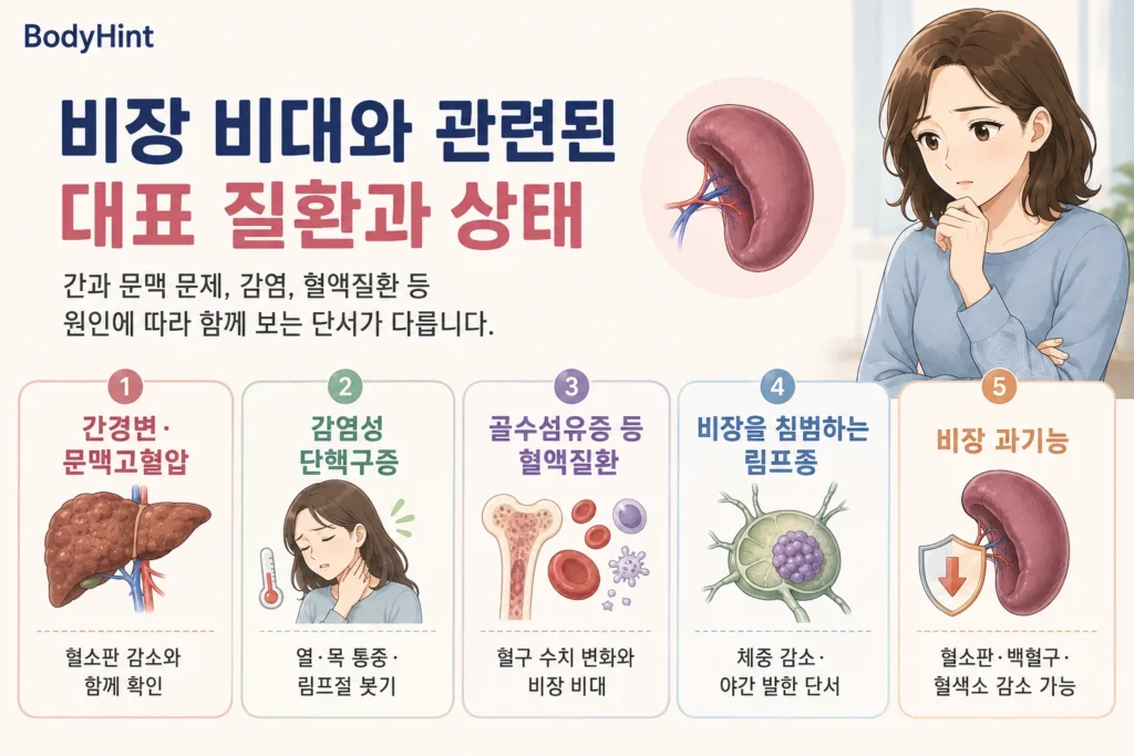 비장 비대와 관련된 대표 상태로 간경변과 문맥고혈압, 감염성 단핵구증, 골수섬유증 같은 혈액질환, 비장을 침범하는 림프종, 비장 과기능을 비교한 BodyHint 인포그래픽