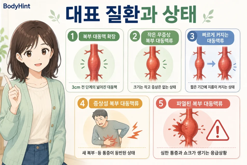 복부 대동맥 확장, 작은 무증상 복부 대동맥류, 빠르게 커지는 대동맥류, 증상성 복부 대동맥류, 파열된 복부 대동맥류를 정리한 이미지