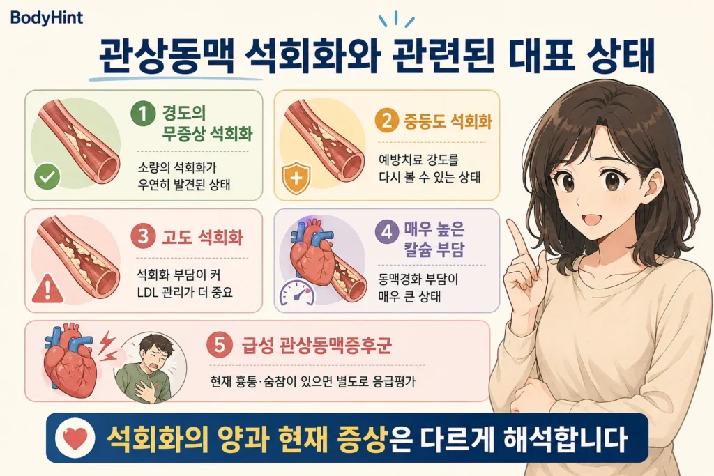경도의 무증상 관상동맥 석회화, 중등도 석회화, 고도 석회화, 매우 높은 칼슘 부담, 급성 관상동맥증후군을 정리한 이미지