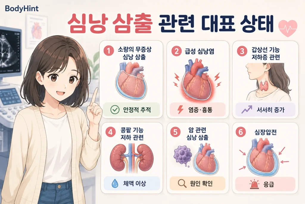 소량의 무증상 심낭 삼출, 급성 심낭염, 갑상선 기능 저하증 관련 심낭 삼출, 콩팥 기능 저하 관련 심낭 삼출, 암 관련 심낭 삼출, 심장압전을 정리한 이미지