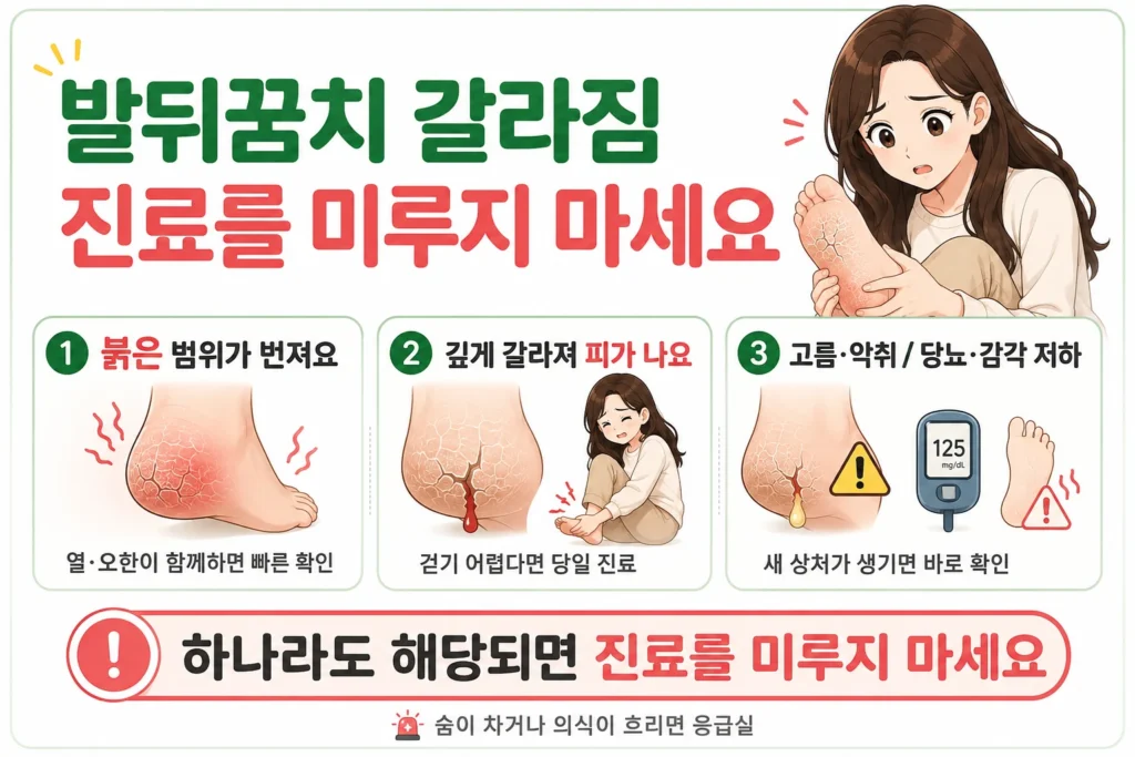 발뒤꿈치 갈라짐 주변의 붉은 범위가 번지거나, 깊은 균열에서 피가 나고 걷기 어렵거나, 고름·악취 또는 당뇨·감각 저하가 있을 때 진료를 미루지 말아야 한다는 건강정보 이미지
