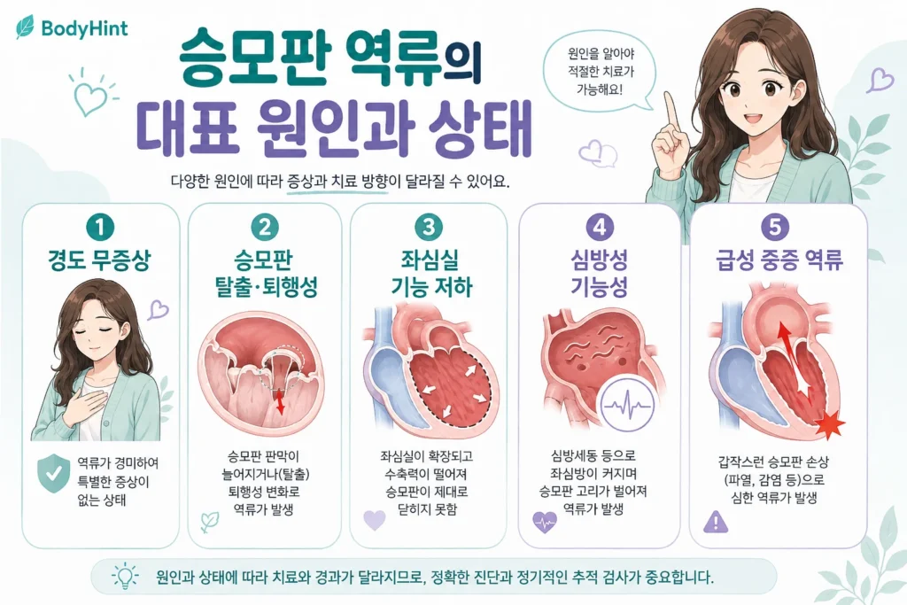 경도의 무증상 승모판 역류, 승모판 탈출과 퇴행성 일차성 역류, 좌심실 기능 저하에 따른 이차성 역류, 심방성 기능성 역류, 급성 중증 승모판 역류를 정리한 이미지