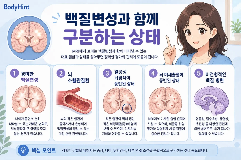경미한 백질변성, 뇌 소혈관질환, 열공성 뇌경색이 동반된 상태, 뇌 미세출혈이 동반된 상태, 비전형적인 백질 병변을 비교해 정리한 이미지