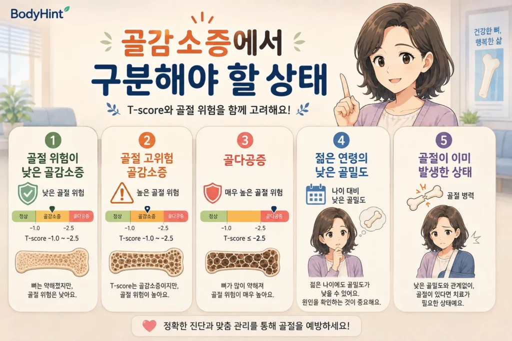 골절 위험이 낮은 골감소증, 골절 고위험 골감소증, 골다공증, 젊은 연령의 낮은 골밀도, 골절이 이미 발생한 상태를 비교해 정리한 이미지